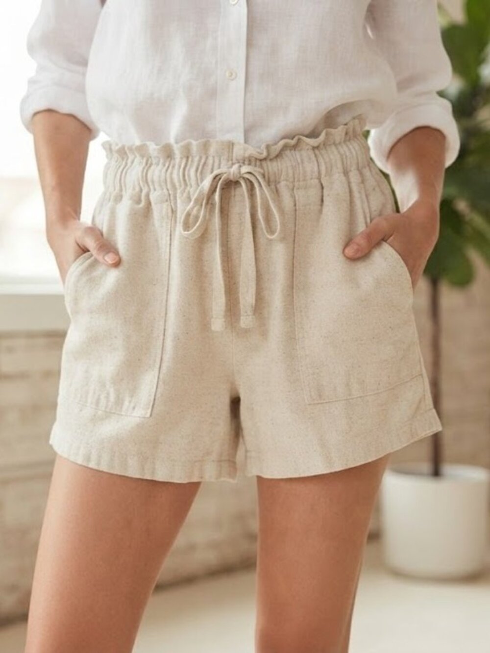 Gentle Fawn Cream High-Waist Drawstring Linen-Blend Shorts